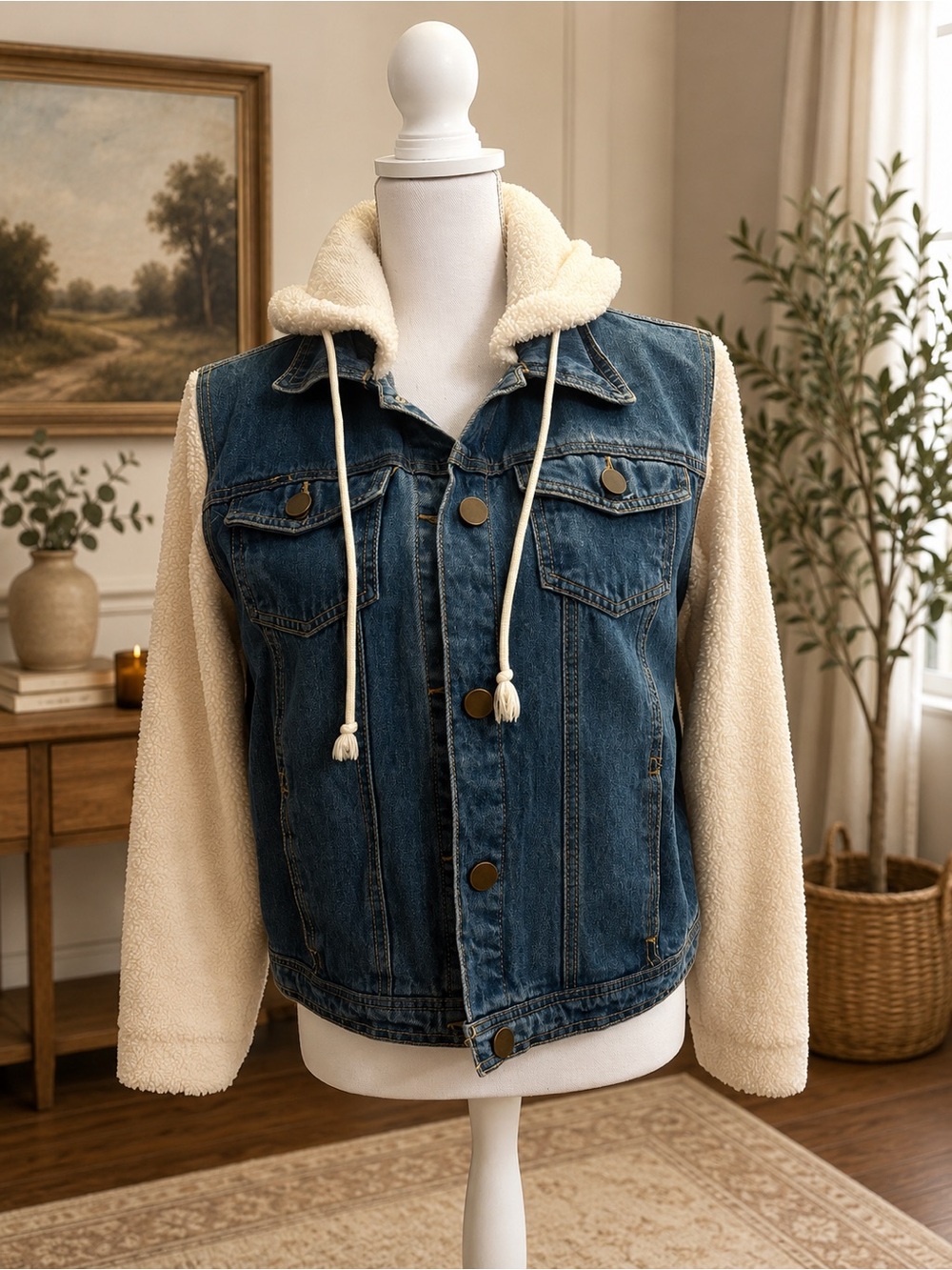 No Boundaries Sherpa Sleeve Denim Jacket Hoodie Women’s Large 11-13